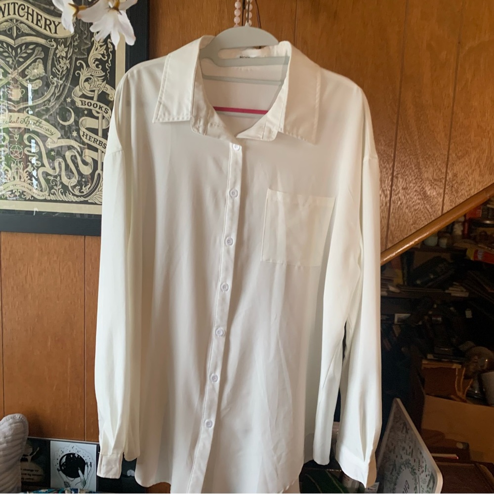Classic White Oversized Baggy Shirt Size XL Boho Button Down Peasant Cottagecore